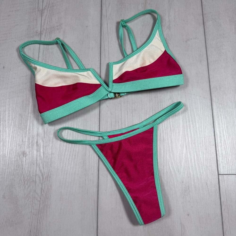 FAE Swim XS/ Small Colorblock Pink Teal White Bikini Set Thong Beach Travel